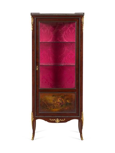 A Louis XV Style Gilt Bronze Mounted Vernis Martin-Decorated Mahogany Marble-Top Vitrine Cabinet