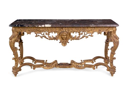 A Pair of Louis XV Style Giltwood Marble-Top Console Tables