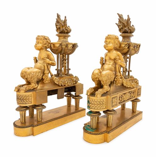 A Pair of Louis XVI Style Gilt Bronze Figural Chenets