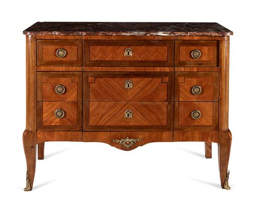 A Louis XV/XVI Transitional Style Parquetry Marble-Top Commode
