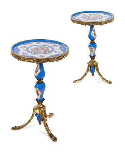 A Pair of Sevres Style Porcelain Mounted Gilt Metal Gueridons