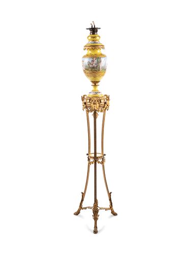 A Sevres Style Gilt Bronze Mounted Painted and Parcel Gilt Porcelain Banquet Lamp