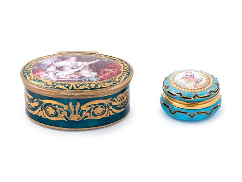 A Sevres Style "Jeweled" Porcelain Snuff Box and a French Guilloche Enameled Snuff Box