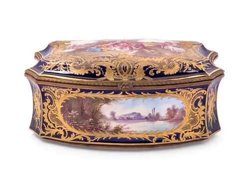 A Sevres Style Painted and Parcel Gilt Porcelain Table Casket