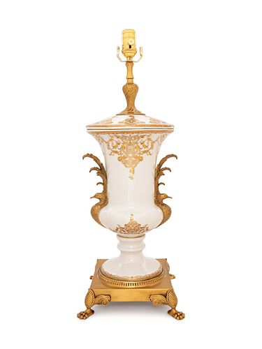 A Sevres Style Gilt Metal Mounted Porcelain Urn Mounted as a Lamp