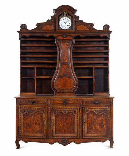 A French Provincial Burlwood Clock-Inset Serving Cabinet