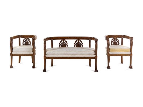An Italian Neoclassical Style Carved Walnut and Parquetry Three-Piece Salon Suite