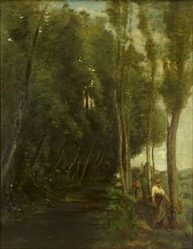 attributed to: Jean-Baptiste-Camille Corot, French (1796-1875) Oil on Canvas "Figure In Woods"