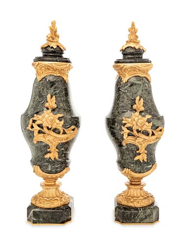 A Pair of Continental Gilt Bronze Mounted Marble Urns