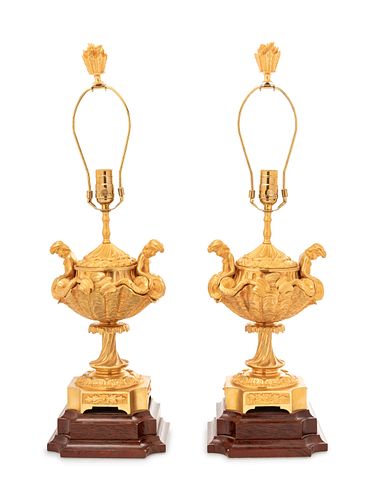 A Pair of Continental Gilt Bronze Covered Urns Mounted as Lamps