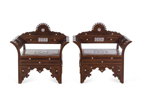 A Pair of Syrian Mother-of-Pearl Inlaid Carved Walnut Armchairs