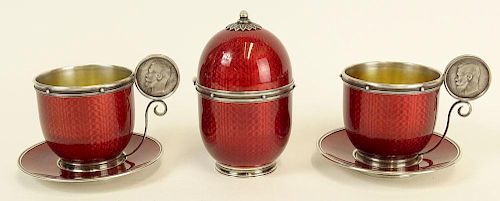Early 20th Century Russian Faberge Silver and Guilloche Enamel Five Piece Tete a Tete Tea Service