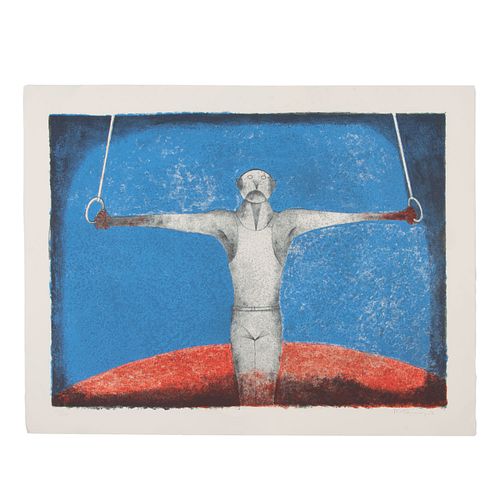 Rufino Tamayo.  "Cruz de hierro, el gimnasta" Firmada a lápiz.  Litografía, 248/300. Con sello de agua DSW. 58 x 78 cm