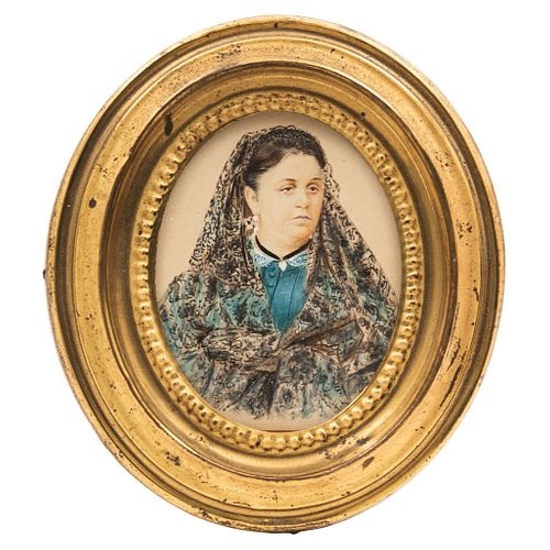 Portrait of a Lady. Mexico, 19th century. Gouache on gutta-percha. Oval brass frame. 2.3 x 1.7" (6 x 4.5 cm)