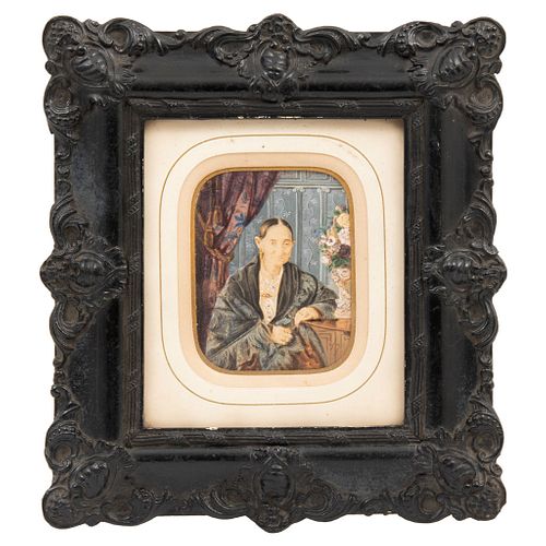 Portrait of Lady. Mexico, 19th century. Gouache on ivory sheet. Carved and ebonized wooden frame. 3.9 x 2.7" (10 x 7 cm)