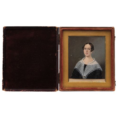 Portrait of Lady. Mexico, 19th century. Gouache on ivory sheet. Leather case lined with velvet. 3.5 x 2.9" (9 x 7.5 cm)