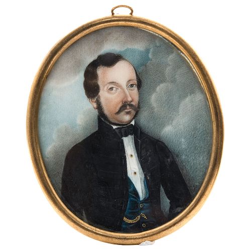 Portrait of Gentlman. Mexico, 19th century. Gouache on ivory sheet. Copper frame. 1.6 x 1.2" (4.1 x 3.3 cm)