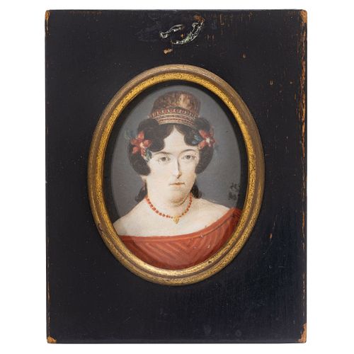Portrait of Lady. Spain, 19th century. Gouache on ivory sheet. Signed "S.F." Ebonized wood frame. 2.5 x 1.9" (6.5 x 5 cm)