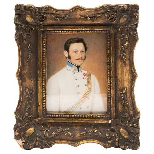 Portrait of Military Man. France, 19th century. Gouache on ivory sheet. Carved and gilded wooden frame. 3.9 x 2.9" (10 x 7.5 cm)