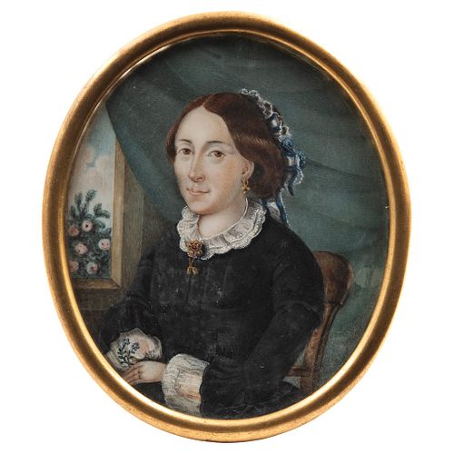 Portrait of Lady. Mexico, 19th century. Gouache on ivory sheet. Medallion with oval brass border and top ring. 3.3 x 2.7" (8.5 x 7 cm)