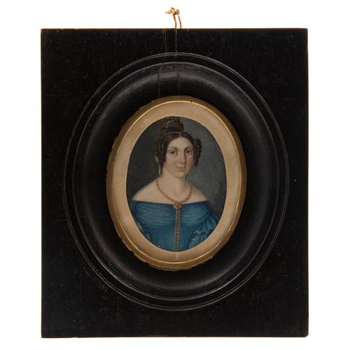 Portrait of Lady. Spain, 19th century. Gouache on ivory sheet. Ebonized wood frame with brass border. 1.9 x 1.4" (5 x 3.7 cm)