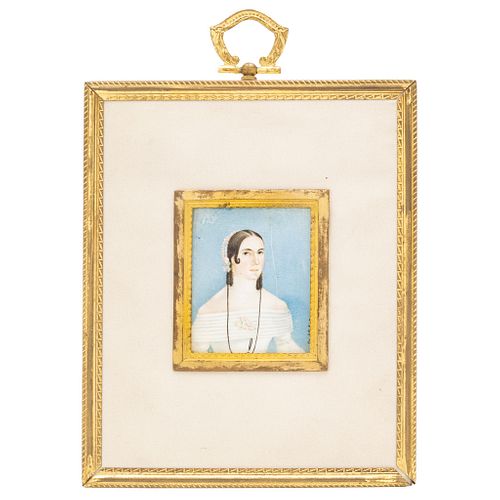 Portrait of Lady. Spain, 19th century. Gouache on ivory sheet. Dated "1845". Brass frame. 1.9 x 1.5" (5 x 4 cm)