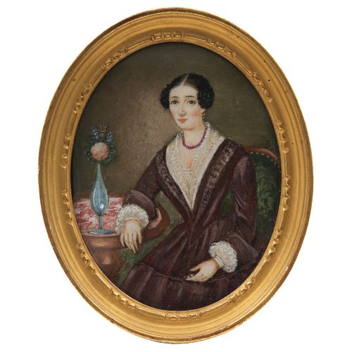 Portrait of Lady. Mexico, 19th century. Oil on ivory sheet. Golden oval wooden frame. 3.5 x 2.7" (9 x 7 cm)