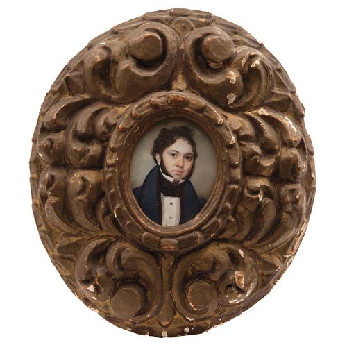 Portrait of Gentleman. France, 19th century. Gouache on ivory sheet. Carved and gilded wood frame. 2.8 x 2.3" (7.3 x 6 cm)