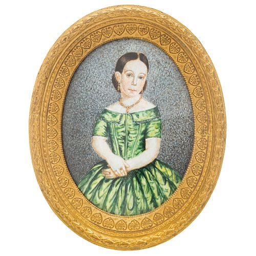 Portrait of Girl. Spain, 19th century. Gouache on ivory sheet. Gilded bronze oval frame. 3.3 x 2.3" (8.5 x 6 cm)