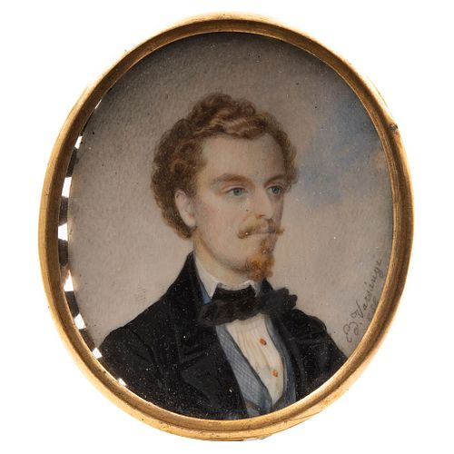 Portrait of Gentleman. France, 19th century. Gouache on ivory sheet. Brass frame. 2.4 x 1.9" (6.3 x 5 cm)