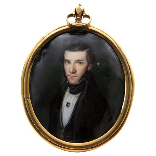 Portrait of Gentleman. Mexico, 19th century. Gouache on ivory sheet. Medallion with protective glass. 2.5 x 2.1" (6.5 x 5.5 cm)