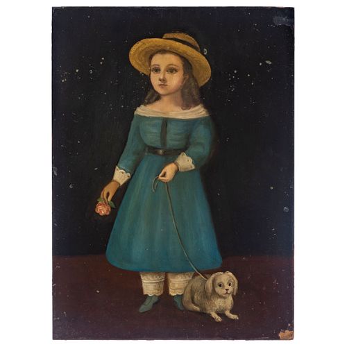 Portrait of Girl with Dog. Mexico, 19th century. Oil on copper sheet. Conservation details. 5.9 x 4.3" (15 x 11 cm)