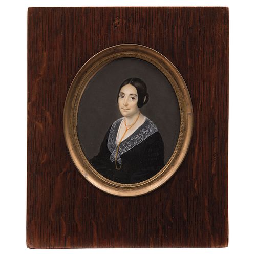Portrait of Lady. Mexico, 19th century. Gouache on ivory sheet. Signed "Anoricux" and dated "1861. 3.5 x 2.9" (9 x 7.5 cm)