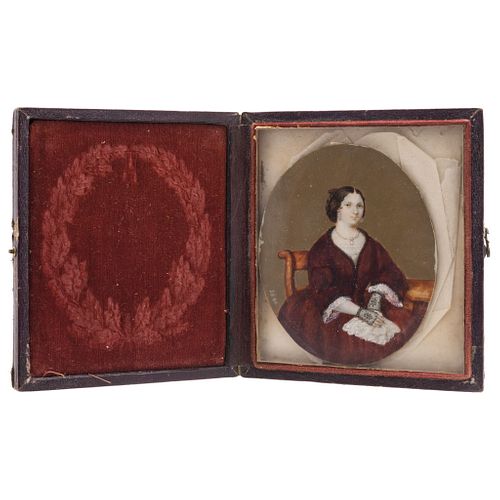 Portrait of Lady. Mexico, 19th century. Gouache on ivory sheet. Dated "1846". 2.9 x 2.3" (7.5 x 6 cm)