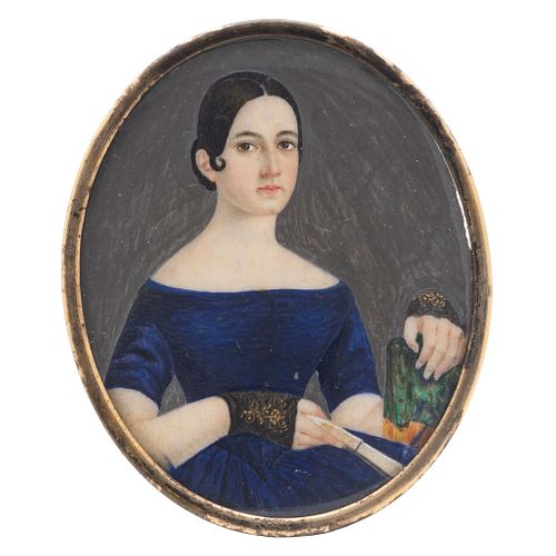 Portrait of Lady. Mexico, 19th century. Gouache on ivory sheet. Metal frame with protective glass. 2.9 x 2.3" (7.5 x 6 cm)