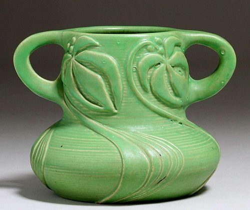 Early Van Briggle #82 Matte Green Two-Handled Vase 1902