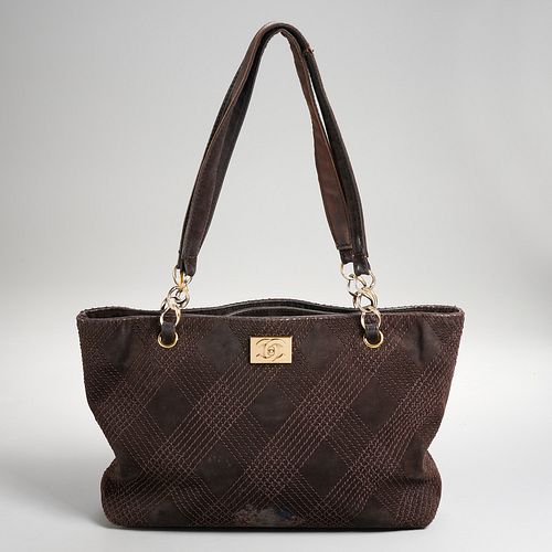 Chanel brown quilted suede tote handbag