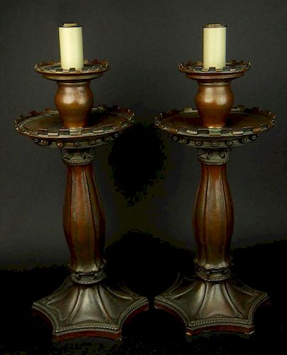 Alwyn C.E.Carr and Omar Ramsden, British (19/20th Century) Rare Pair of Arts and Crafts Bronze Candlesticks