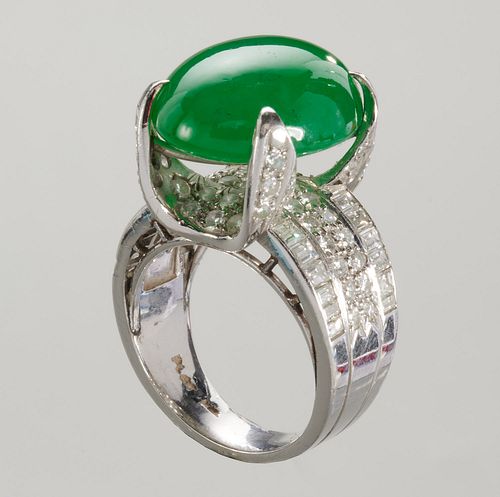 Platinum, jade & diamond ring