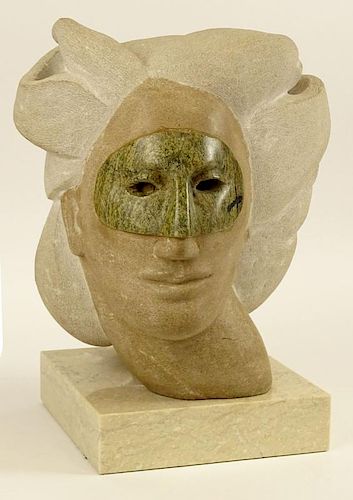 1970's Lenora Arye, American (20th C)  Stone Bust of a Masked Woman on Marble Base. "Masquerade"