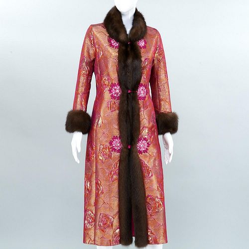 Bespoke couture brocade coat ensemble, sable trim