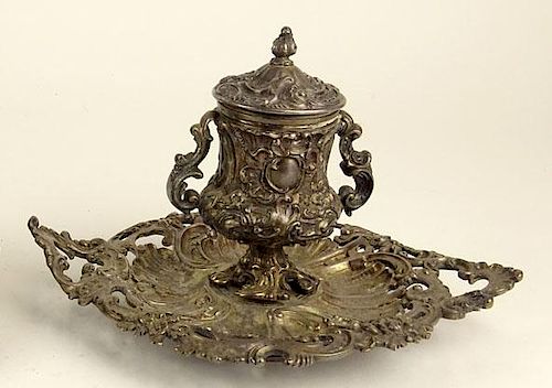 Antique Silver Plate Rococo Style Inkwell, Unsigned, Wear to Plate, a Bit Wobbly