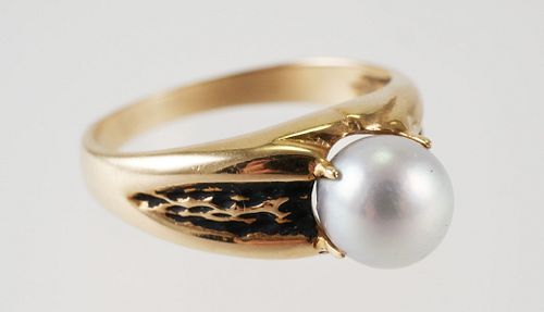 14K Yellow Gold & GRAY PEARL Solitaire Ring