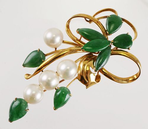 Imperial Jade 14k Gold Pearls Pin, Ty Lee