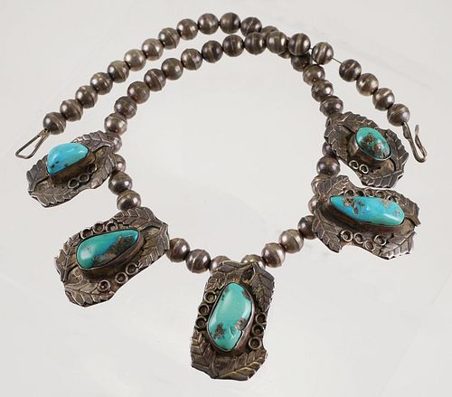 NAVAJO Sterling Turquoise Squash Blossom Necklace