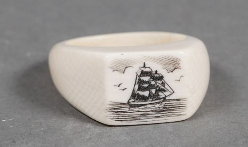 Old Carved Ivory Scrimshaw Ring of Ship Sailboat 