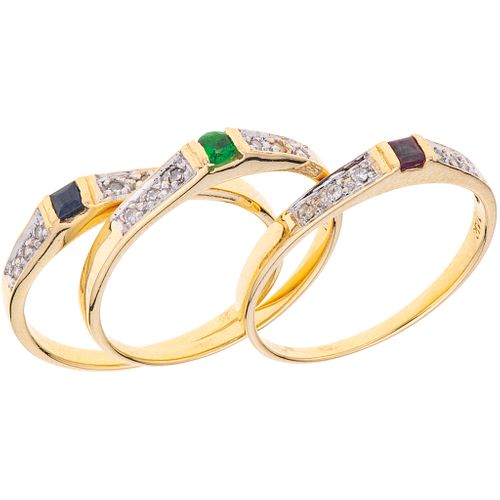 THREE RINGS WITH RUBY, SAPPHIRE, EMERALD AND DIAMONDS. 14K YELLOW GOLD