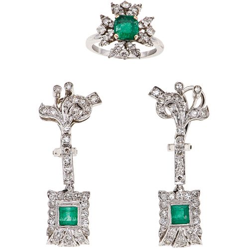 RING AND EARRINGS SET WITH EMERALDS AND DIAMONDS . PALLADIUM SILVER