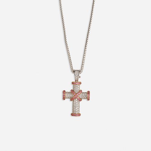 Theo Fennell, Pink sapphire and diamond cross pendant necklace