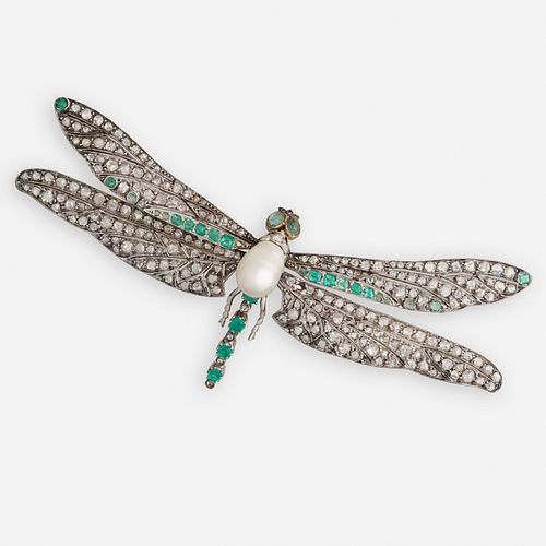 Emerald, diamond, and pearl dragonfly brooch